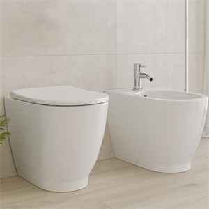 COPPIA SANITARI VASO BIDET E COPRIVASO RALLENTATO GEBERIT ACANTO A TERRA RIMFREE