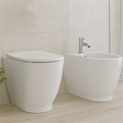 Coppia sanitari vaso bidet e coprivaso rallentato geberit acanto a terra rimfree