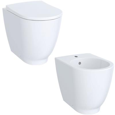 Coppia sanitari vaso bidet e coprivaso rallentato geberit acanto a terra rimfree