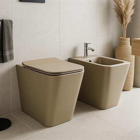 Coppia sanitari vaso bidet e coprivaso rallentato globo incantho castagno opaco a terra