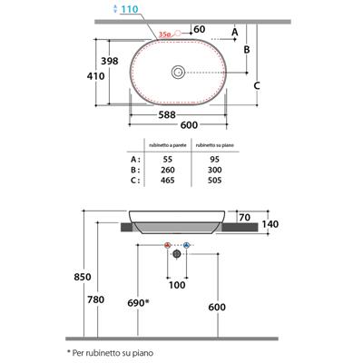 Lavabo da appoggio globo t-edge b6o61pn 60x41 cm in ceramica nero opaco con piletta inclusa